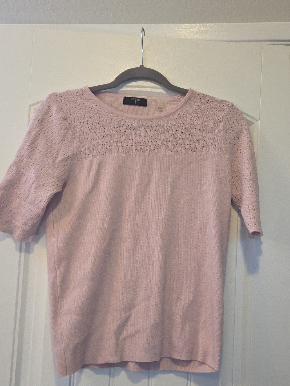 Tahari Blush Pink Eyelet Knit Short Sleeve Top